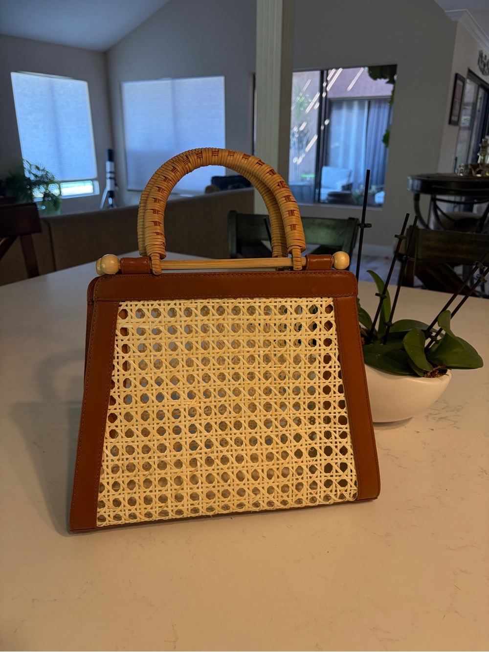 Woven Cream and Brown Top-Handle Tote
